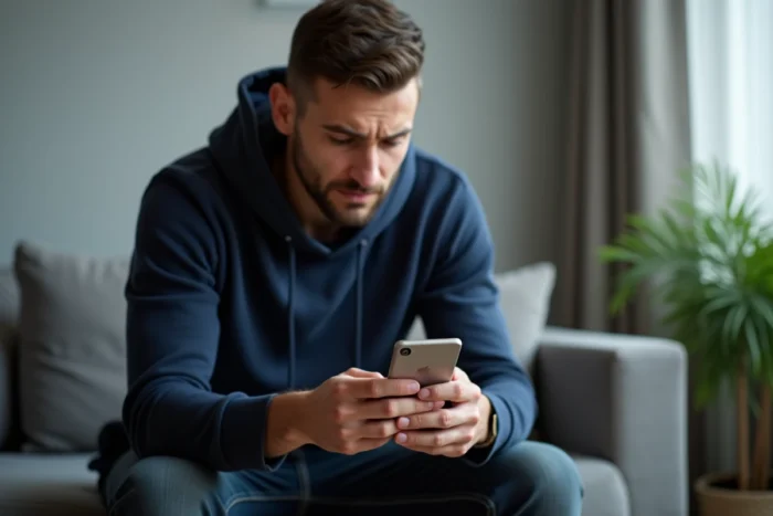Jeune homme tentant de récupérer un compte Snapchat bloqué sur son téléphone dans un salon moderne