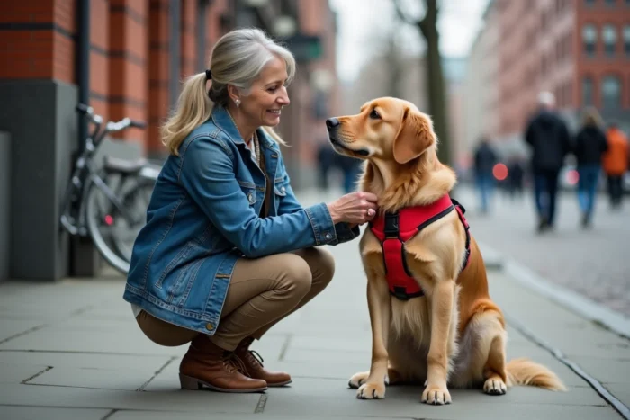 Femme ajustant le harnais rouge de son golden retriever sur un trottoir en ville, gros plan sur le réglage des sangles