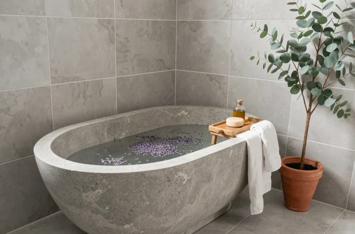 Salle de bain zen avec baignoire îlot en résine, pétales de lavande et accessoires bien-être en bois et terracotta