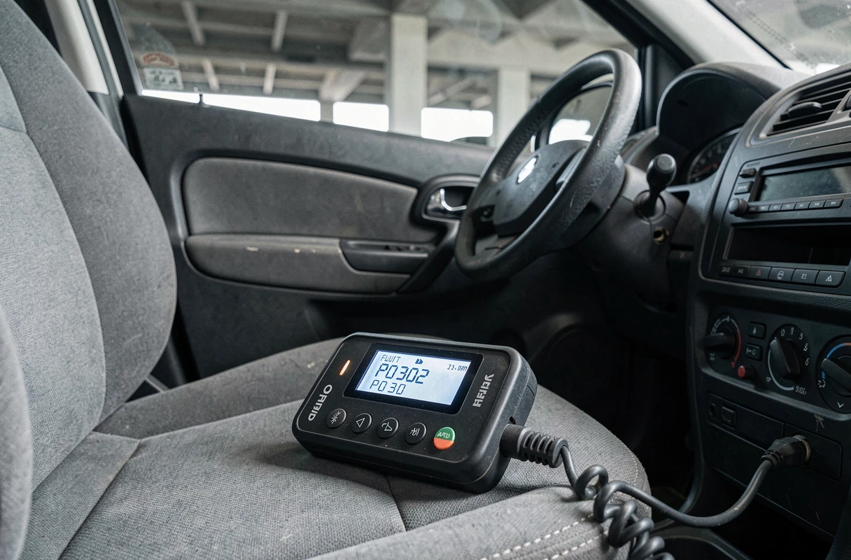 Scanner OBD-II affichant le code défaut P0302 connecté au port de diagnostic d'une Renault