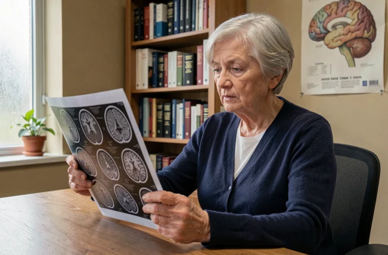 Une femme senior examinant un scanner cérébral IRM dans le cabinet d'un neurologue, illustrant le diagnostic du score Fazekas 2
