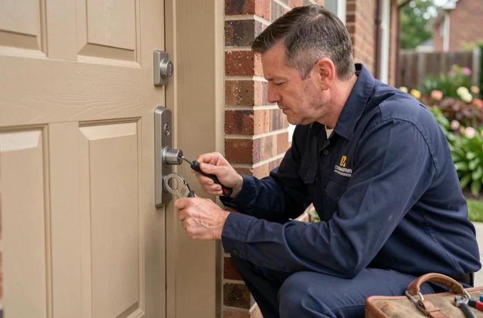Serrurier professionnel installant un verrou haute sécurité sur une porte d'entrée résidentielle