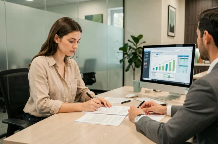 Jeune femme signant un contrat de prêt immobilier avec un conseiller bancaire dans un bureau moderne