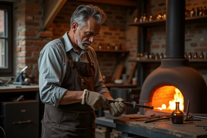 Artisan souffleur de verre façonnant une mignonnette dans un atelier traditionnel avec four à verre en arrière-plan