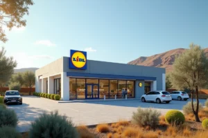 Façade extérieure d'un supermarché Lidl en Corse avec végétation méditerranéenne et parking