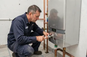 Technicien en uniforme inspectant une chaudière murale à gaz lors d'un remplacement à domicile