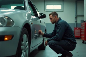 Technicien automobile examinant le tableau de bord d'une Peugeot 407 dans un garage professionnel pour réinitialiser l'ESP