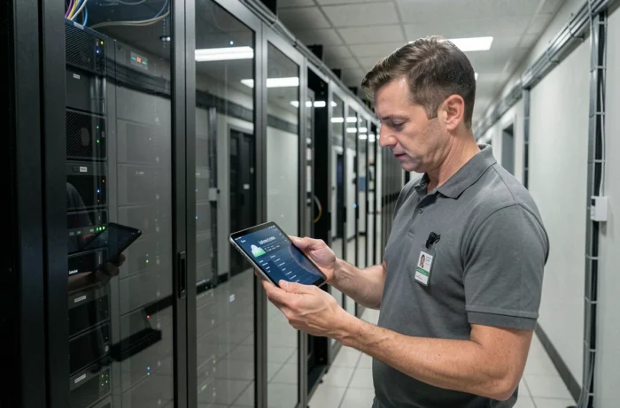 Technicien informatique inspectant une salle de serveurs pour un hébergement web professionnel et sécurisé