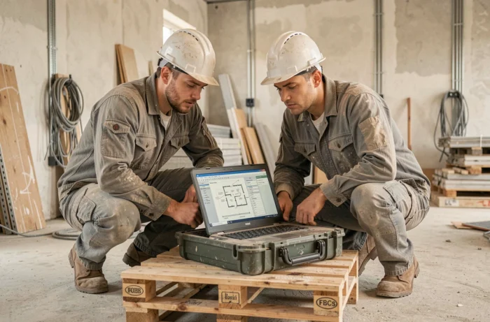 Deux techniciens du bâtiment analysant un plan numérique sur ordinateur portable lors d'un chantier de construction