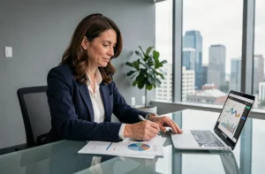 Femme cadre dirigeante analysant des tendances business 2024 dans un bureau moderne avec vue sur la ville