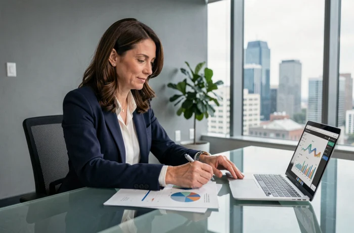 Femme cadre dirigeante analysant des tendances business 2024 dans un bureau moderne avec vue sur la ville