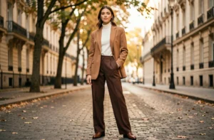 Femme élégante portant un blazer camel oversize et un pantalon large chocolat dans une rue parisienne pavée en automne