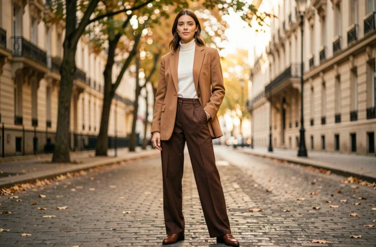 Femme élégante portant un blazer camel oversize et un pantalon large chocolat dans une rue parisienne pavée en automne