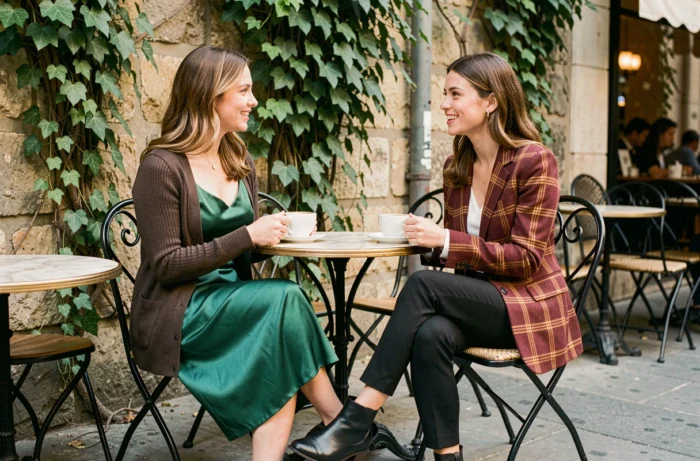 Deux femmes élégamment habillées aux tendances saisonnières assises à la terrasse d'un café parisien avec mur en pierre couvert de lierre