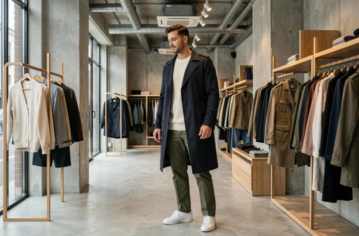 Homme stylé en trench coat marine et pull en maille dans un concept store minimaliste aux murs en béton