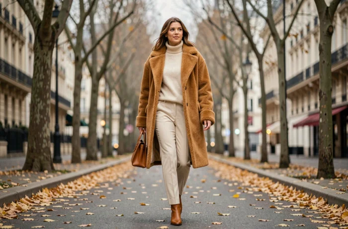 Femme en manteau shearling caramel oversize marchant sur un boulevard parisien bordé d'arbres aux feuilles dorées d'automne