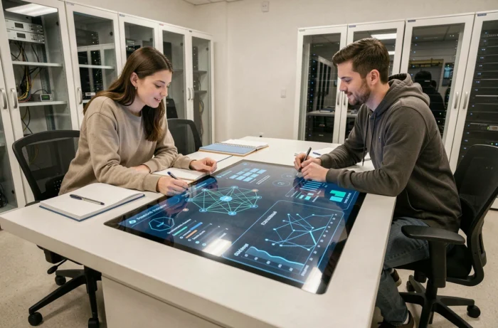 Deux ingénieurs collaborant sur une table tactile interactive avec visualisations d'intelligence artificielle en laboratoire R&D