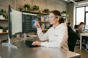 Femme professionnelle utilisant un casque de réalité augmentée dans un bureau tech moderne en 2024