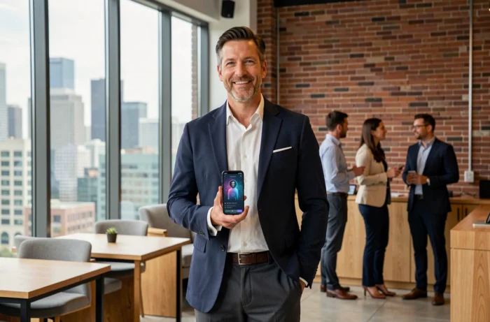 Homme d'affaires tenant un smartphone pliable avec interface IA dans un espace de coworking urbain