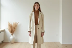 Femme en tenue minimaliste aux tons neutres ivoire et camel dans un appartement scandinave épuré