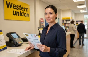 Femme effectuant un transfert d'argent Western Union dans un bureau de poste en France