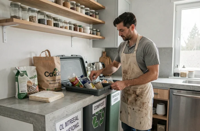 Homme triant ses déchets ménagers dans une cuisine moderne avec bacs de compost et recyclage pour un quotidien zéro déchet