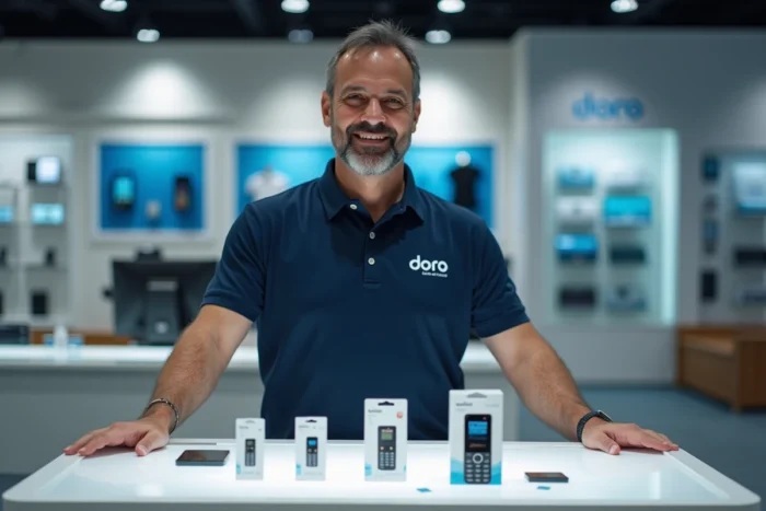 Un vendeur en boutique présente différentes options de cartes SIM pour téléphone Doro sur un comptoir de magasin