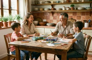 Famille épanouie réunie autour d'une table en bois pour jouer ensemble dans une cuisine chaleureuse et authentique