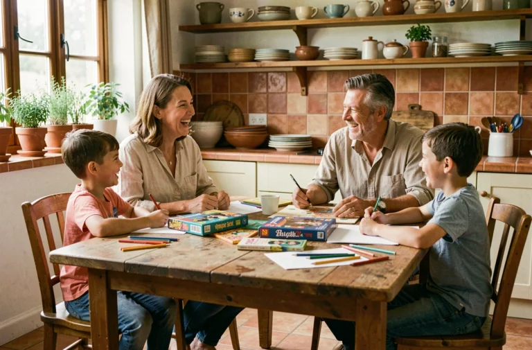 Famille épanouie réunie autour d'une table en bois pour jouer ensemble dans une cuisine chaleureuse et authentique