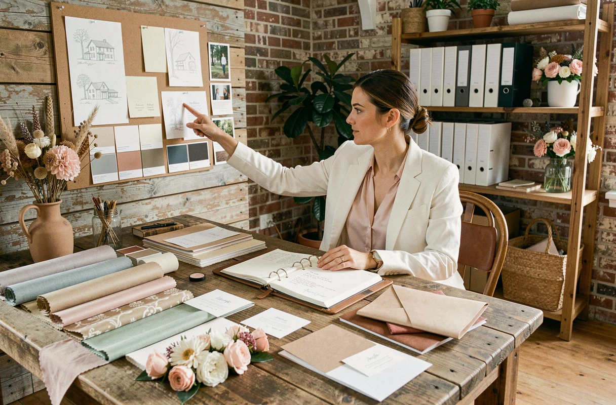 Wedding planner professionnelle organisant les détails d'un mariage avec des échantillons de tissus et un tableau d'inspiration